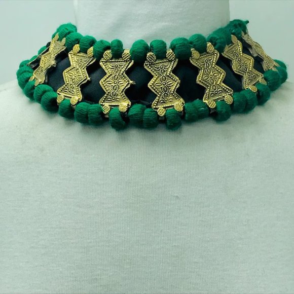 Green Vintage Choker Necklace, Handmade Afghan Metal Choker Tribal Green Choker - Picture 1 of 12